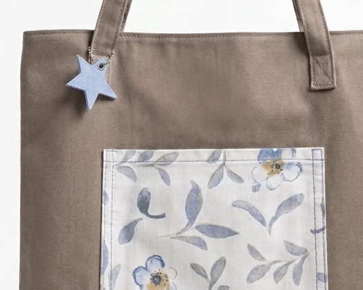 Borsa Tote Unica in Tela Tortora - Edizione Limitata da Recupero Tessile con Tasca Floreale