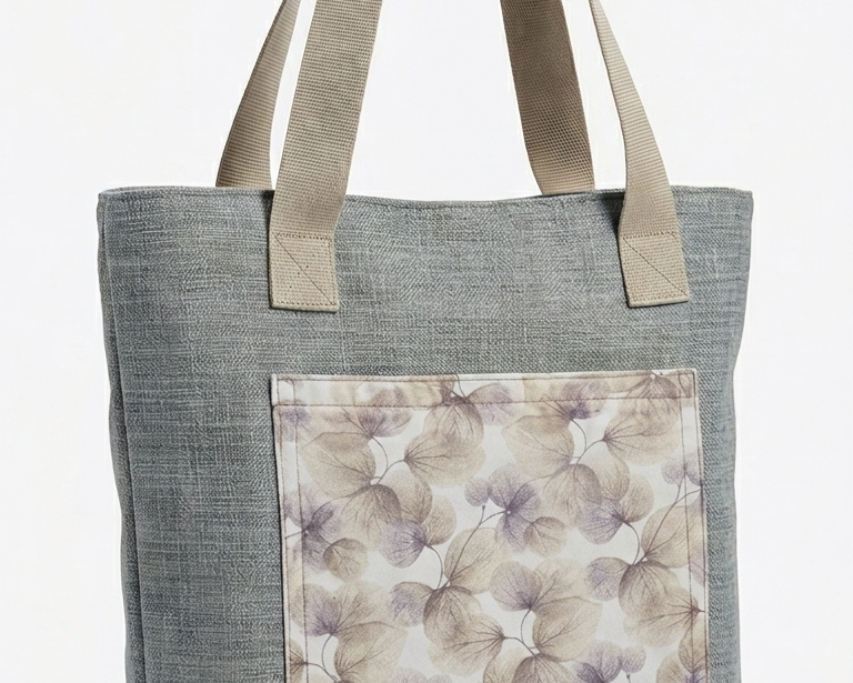 Borsa Shopper in Tessuto d'Arredo Grigio Melange - Pezzo Unico Upcycled con Cerniera