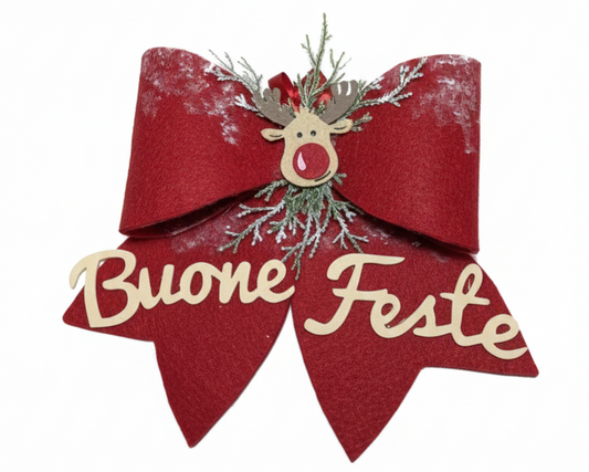 Fiocco Natalizio Rosso con Renna e Scritta "Buone Feste" - Decorazione per Porta e albero