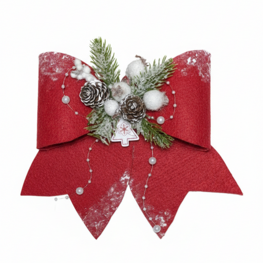 Fiocco Natale Rosso in Feltro con Decorazioni Invernali: Pigne Innevate e Rametti - Stile Naturale(Copia)