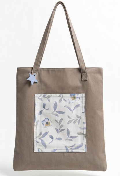 Borsa Tote Unica in Tela Tortora - Edizione Limitata da Recupero Tessile con Tasca Floreale