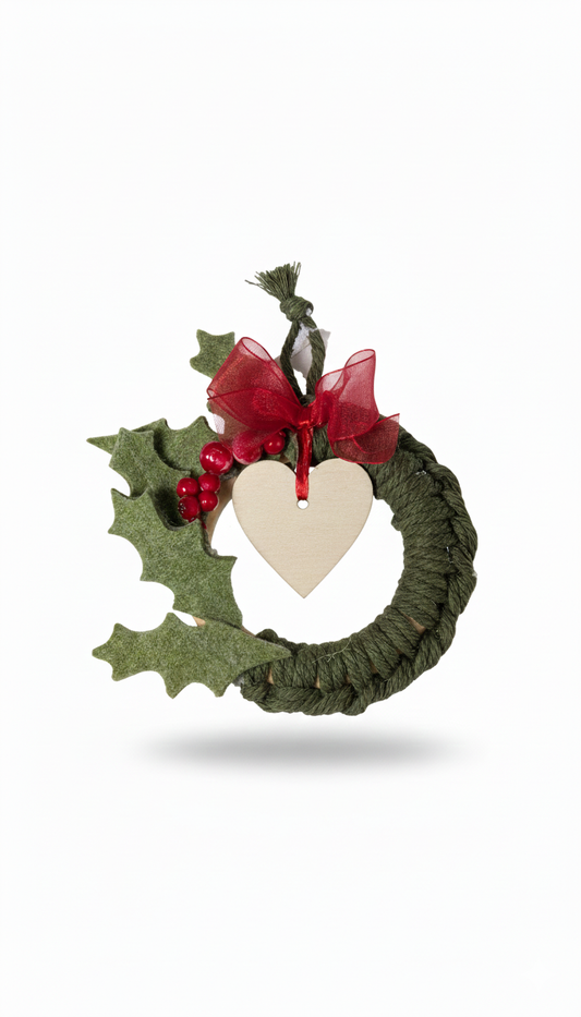 Addobbo Albero Fatto a Mano "Agrifoglio" | Ghirlanda Natale Verde con Bacche Rosse e Cuore in Legno | Stile Rustico Chic