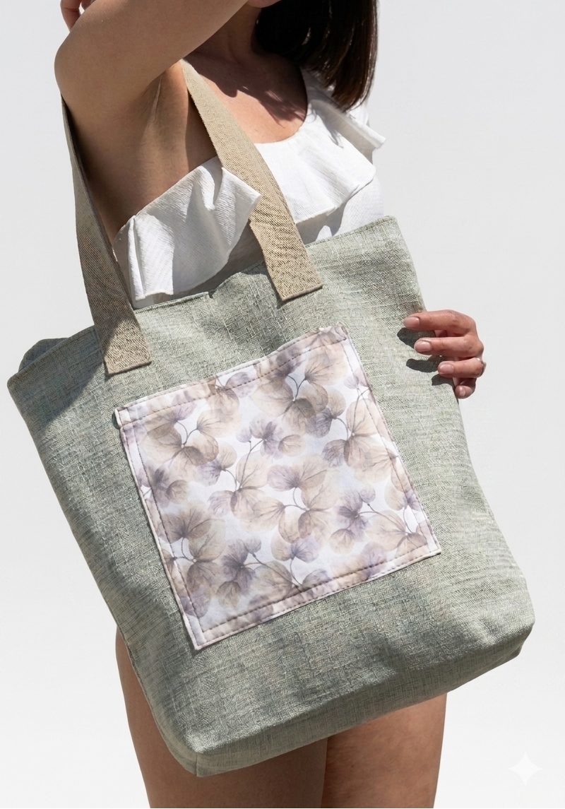 Borsa Shopper in Tessuto d'Arredo Grigio Melange - Pezzo Unico Upcycled con Cerniera
