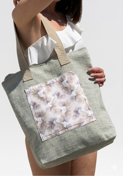 Borsa Shopper in Tessuto d'Arredo Grigio Melange - Pezzo Unico Upcycled con Cerniera