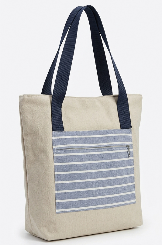 Work-Bag Unisex in Canvas Naturale e Marine Stripes - Esemplare Unico Upcycled con Sistema Multitasche