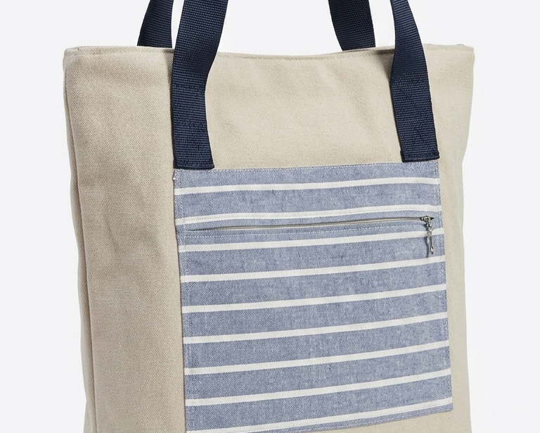 Work-Bag Unisex in Canvas Naturale e Marine Stripes - Esemplare Unico Upcycled con Sistema Multitasche