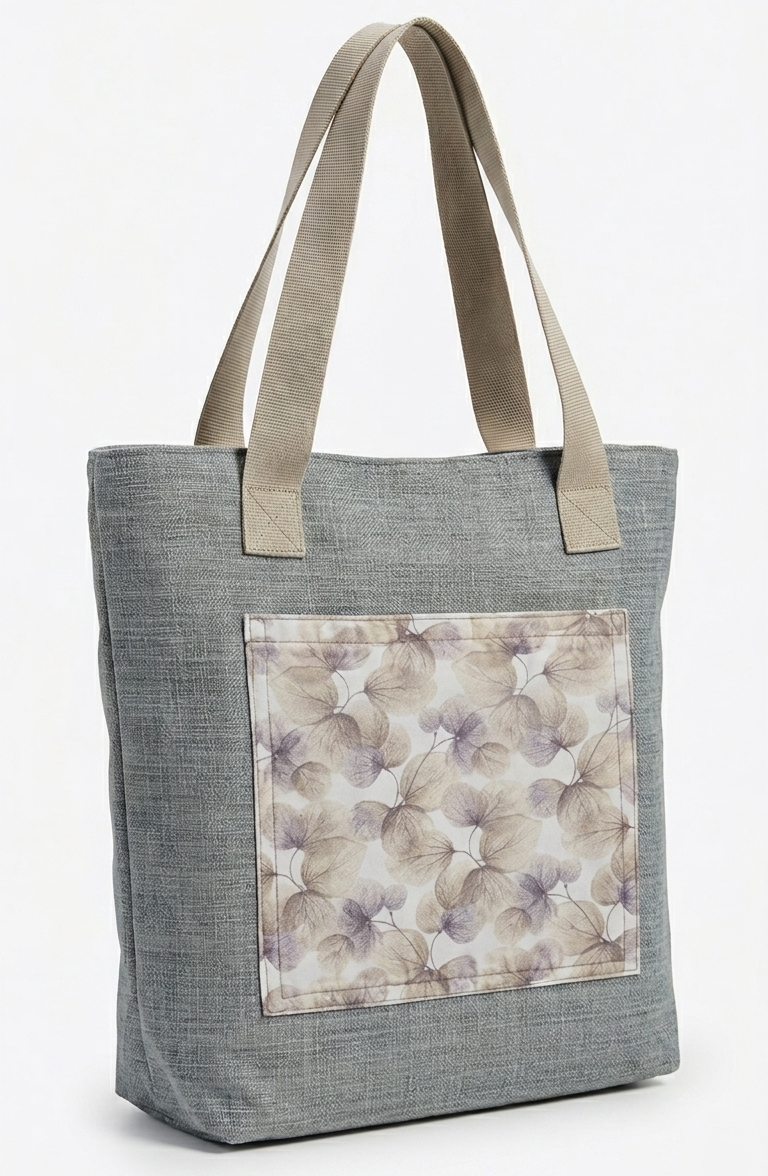 Borsa Shopper in Tessuto d'Arredo Grigio Melange - Pezzo Unico Upcycled con Cerniera