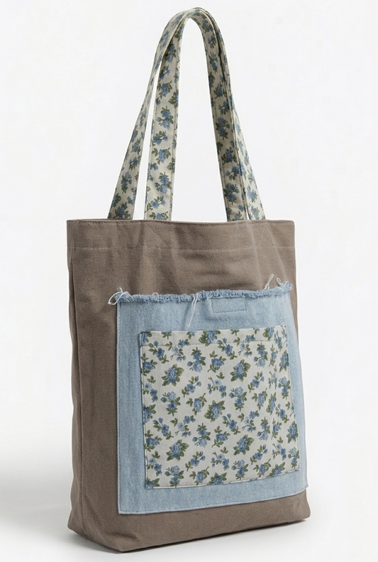 Tote in cotone canvas Fango e Denim – Creazione Irripetibile con Triplo Scomparto e Sacca a Coulisse