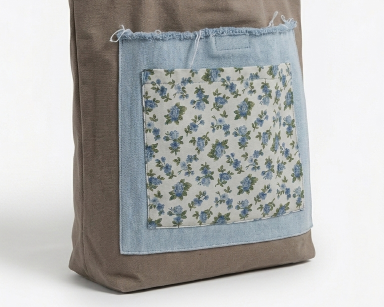 Tote in cotone canvas Fango e Denim – Creazione Irripetibile con Triplo Scomparto e Sacca a Coulisse