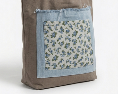 Tote in cotone canvas Fango e Denim – Creazione Irripetibile con Triplo Scomparto e Sacca a Coulisse