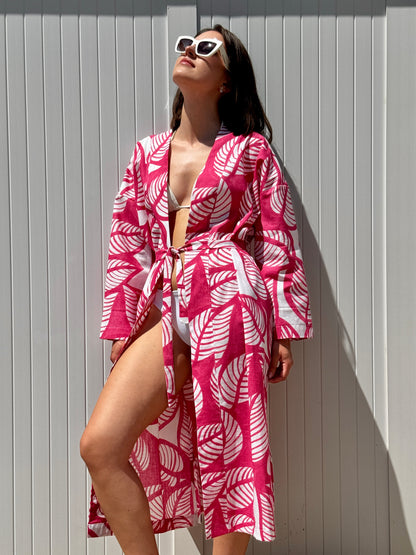 Copricostume Kimono Mare in Cotone Stampa Foglie Fucsia - Pezzo Unico "Made in Marche"
