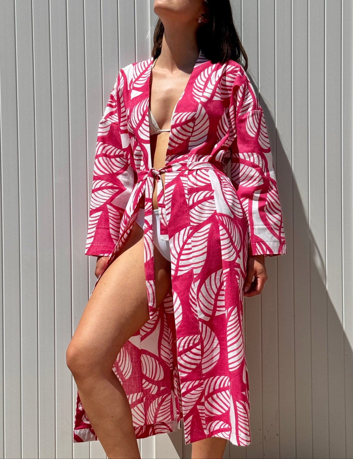 Copricostume Kimono Mare in Cotone Stampa Foglie Fucsia - Pezzo Unico "Made in Marche"