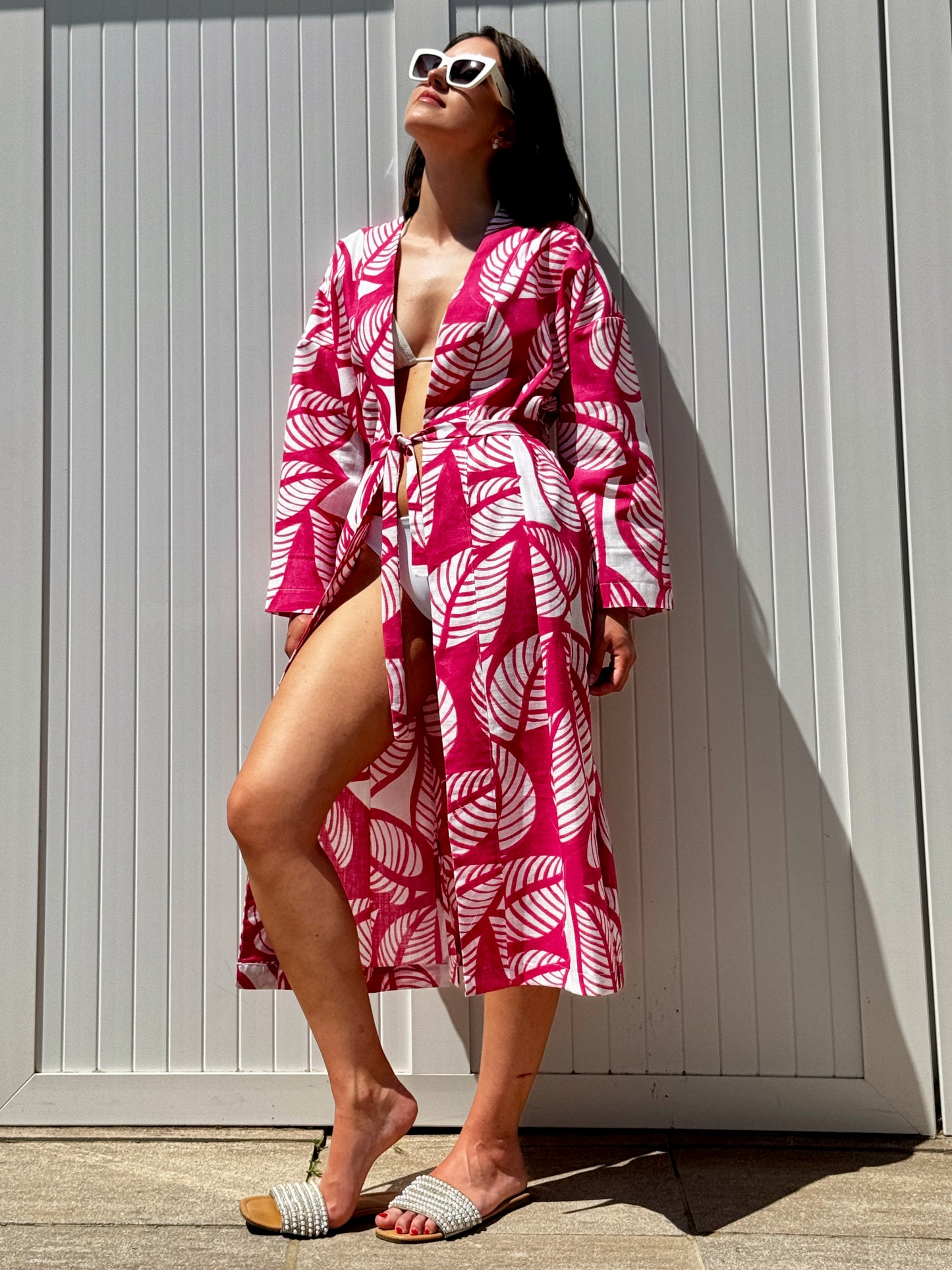Copricostume Kimono Mare in Cotone Stampa Foglie Fucsia - Pezzo Unico "Made in Marche"
