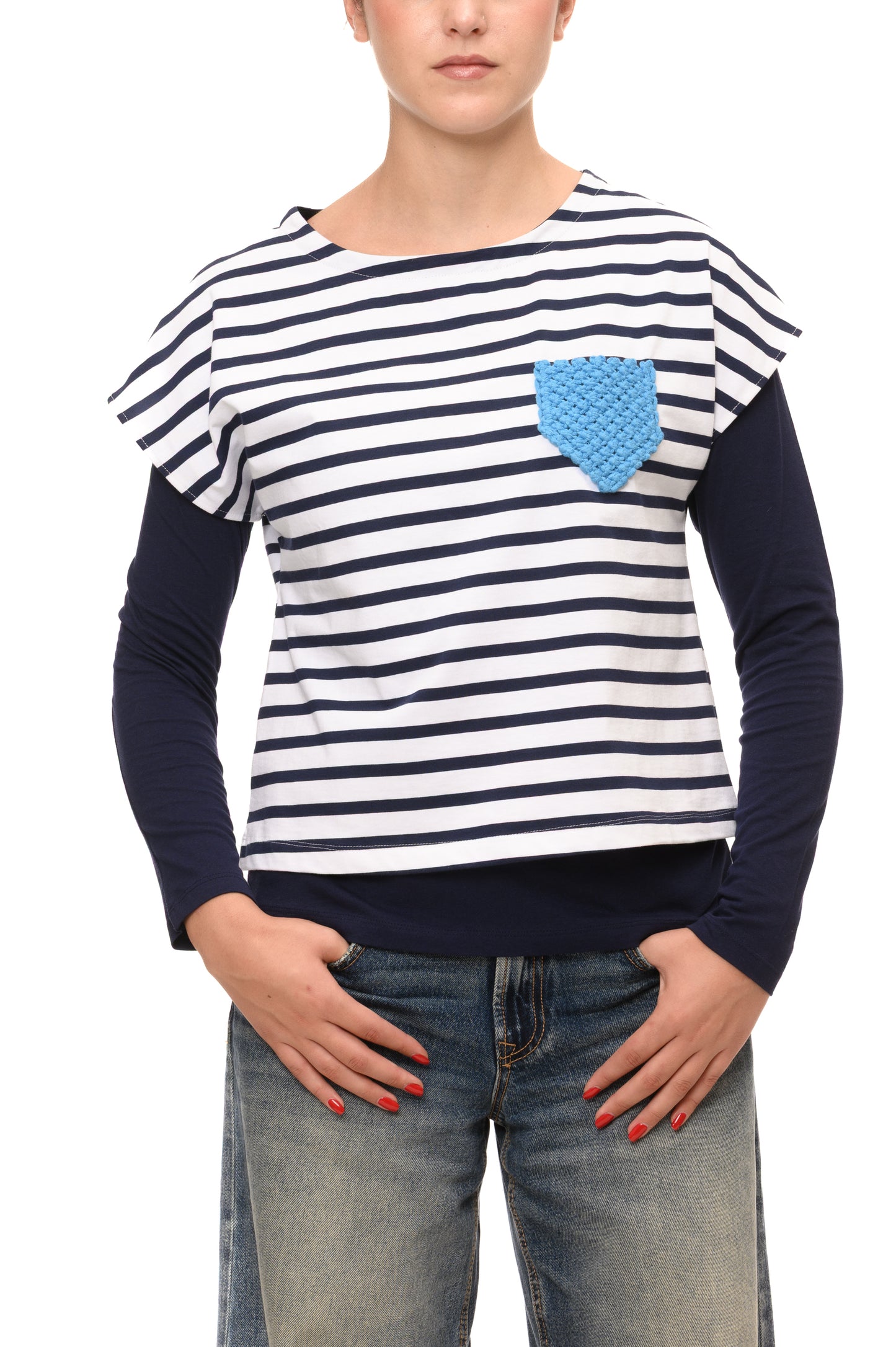T-shirt a Righe "Navy Style" con Taschino in Macramè Fatto a Mano