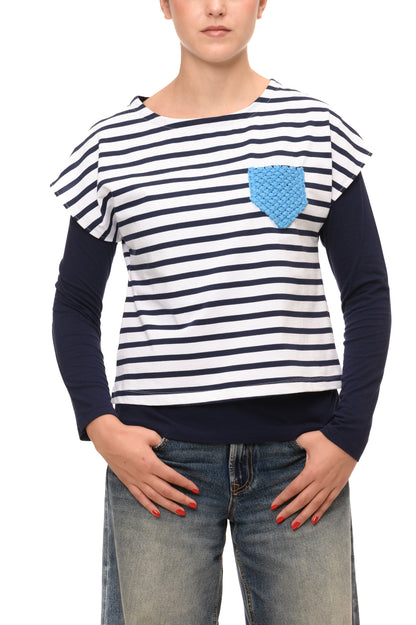 T-shirt a Righe "Navy Style" con Taschino in Macramè Fatto a Mano
