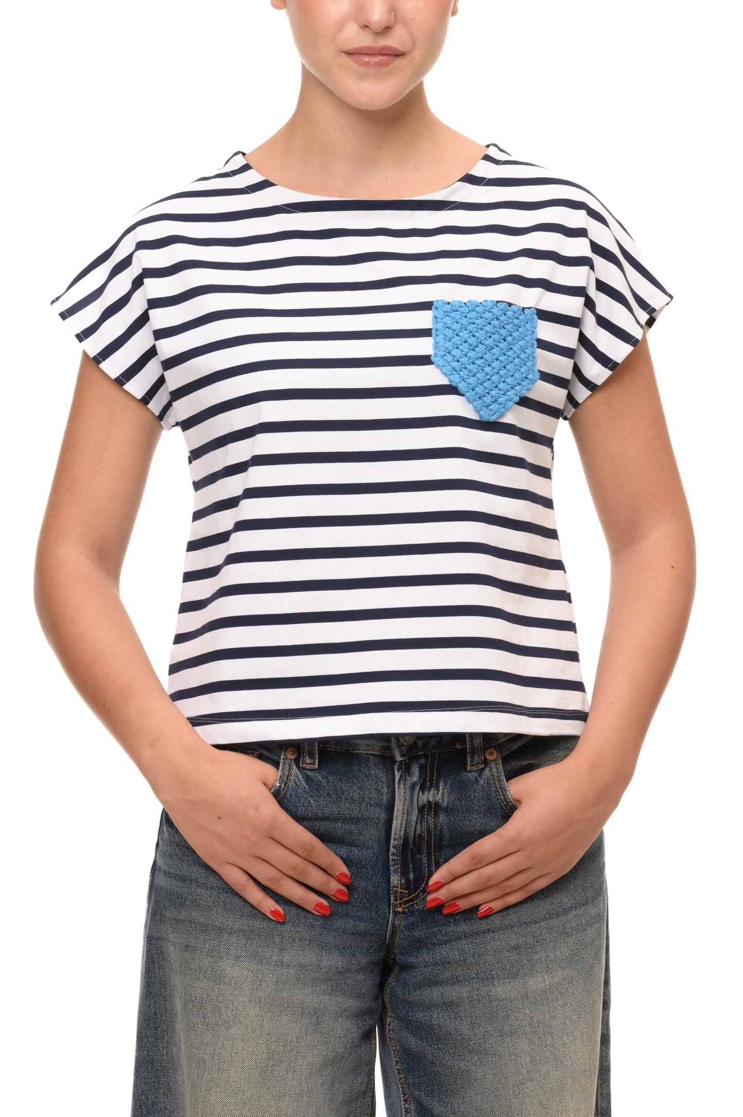 T-shirt a Righe "Navy Style" con Taschino in Macramè Fatto a Mano